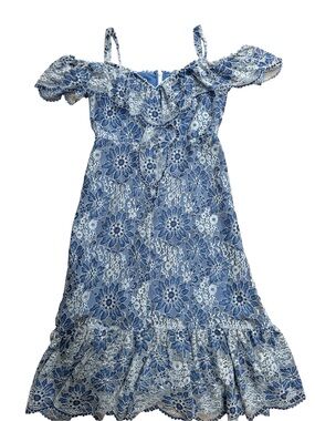 BCBGMAXAZRIA Blue Lace Off Shoulder Midi Dress Ruffle Hem Romantic size M
